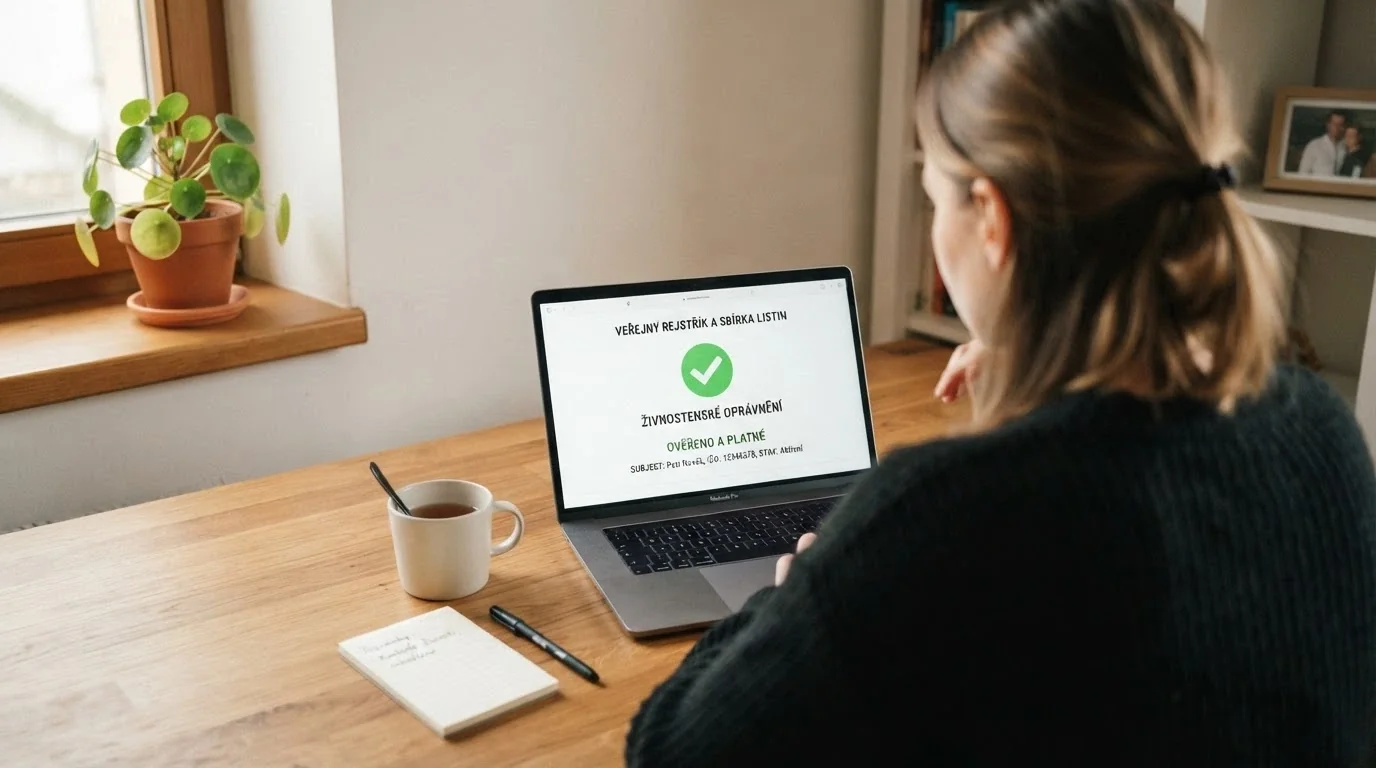 Úřední dokument s razítkem Ministerstva financí ČR a lupou — symbol ověření licence