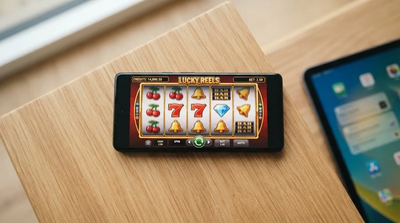 Mobilní telefon s roztočeným automatem v prohlížeči, na pozadí ikony casino aplikací