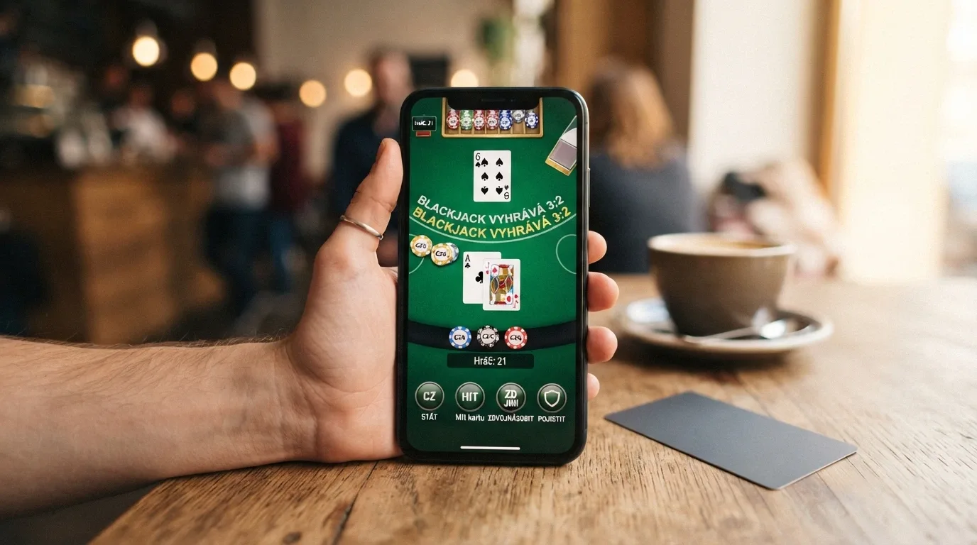 Mobilní telefon s otevřenou hrou live blackjack v prohlížeči, vedle něj leží karta