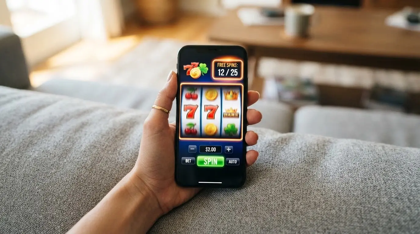 Mobilní telefon zobrazený v dlani, na displeji roztočený automat s počítadlem zbývajících free spinů v rohu