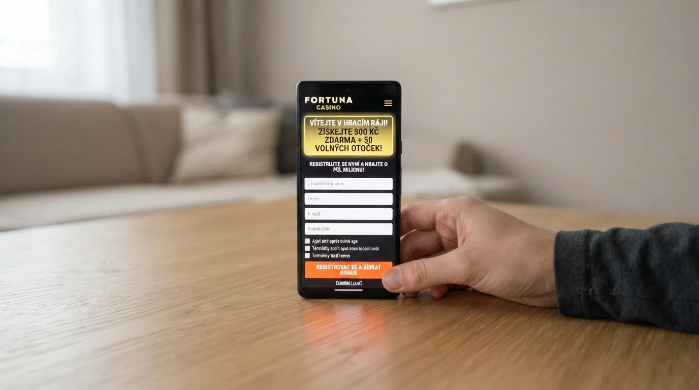 Mobilní telefon s otevřenou registrační stránkou českého online casina, jednou rukou ovládaný