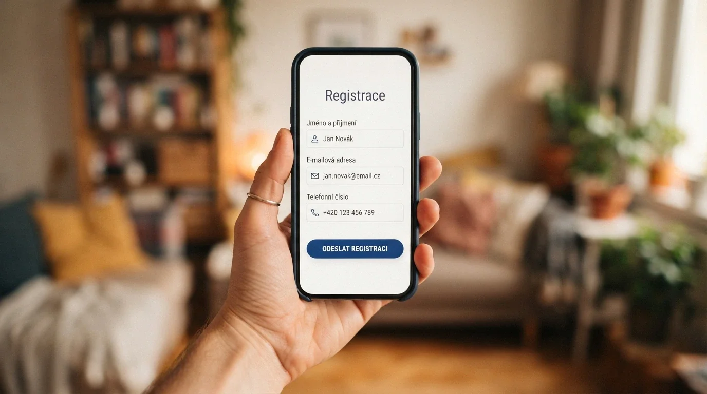 Ruka držící mobilní telefon s otevřeným registračním formulářem online casina