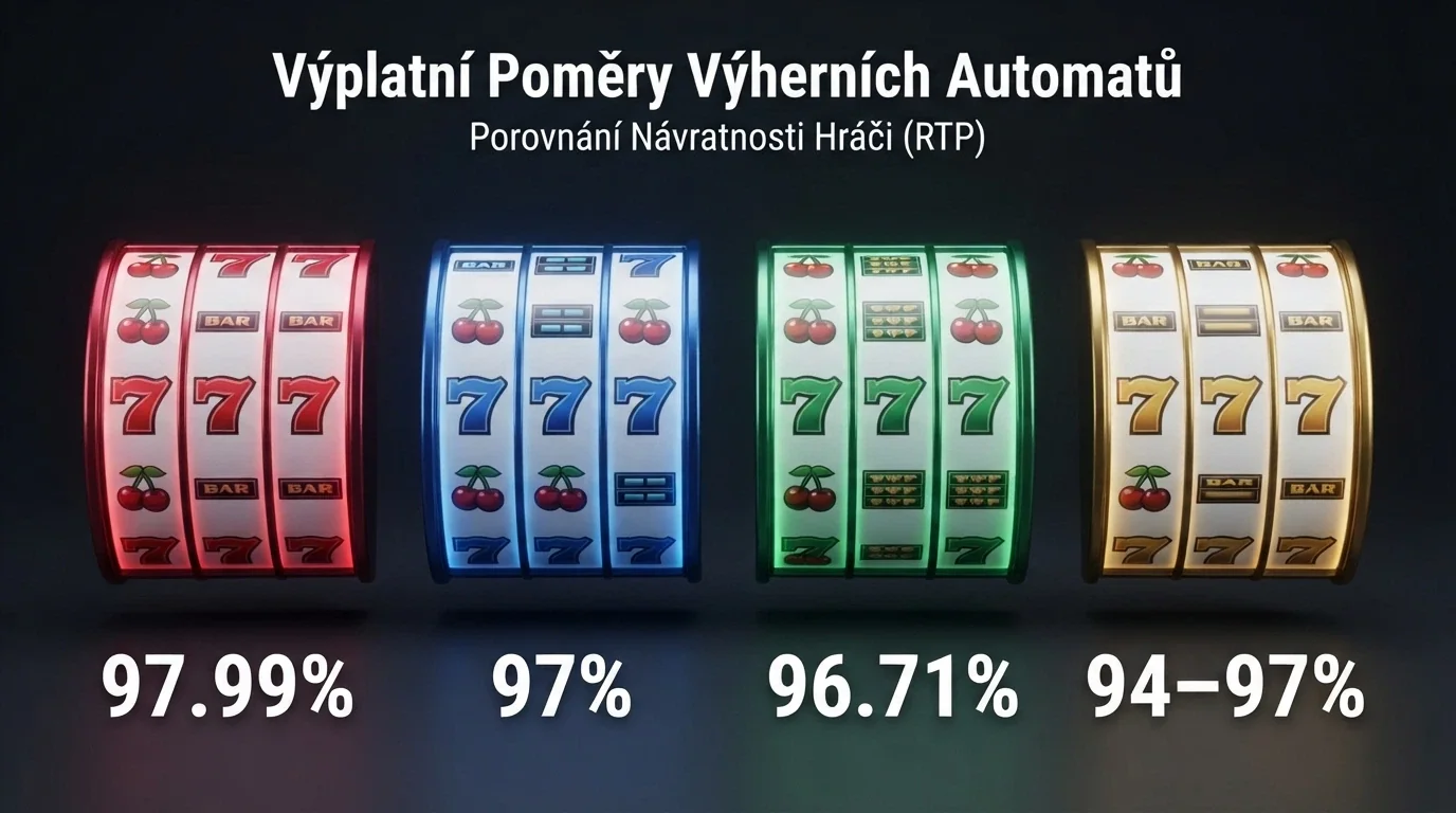 Koláž čtyř nejvýnosnějších automatů (Blood Suckers, Multiplay 81, Big Bass Bonanza, Hunter's Dream 2) s jejich RTP hodnotami
