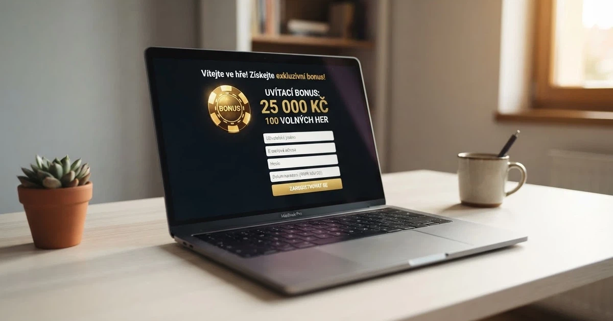 Registrační formulář online casina s nabídkou uvítacího bonusu na obrazovce notebooku