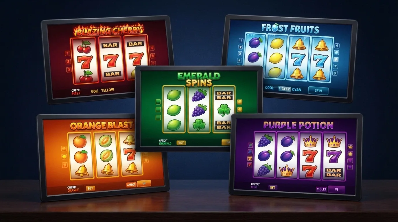 Koláž obálek pěti nejoblíbenějších klasických automatů — Bonus Joker 2, Respin Joker, Multiplay 81, Multi Vegas 81, Hunter's Dream 2