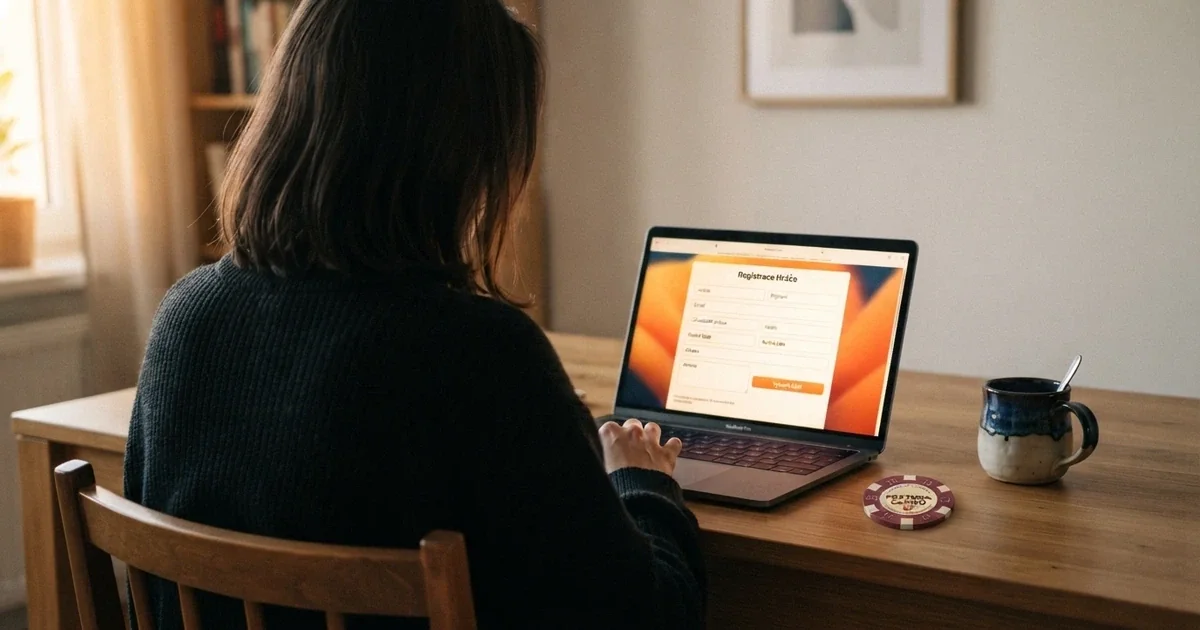 Hráč u notebooku s otevřenou registrační stránkou českého online casina, na stole vedle leží občanský průkaz