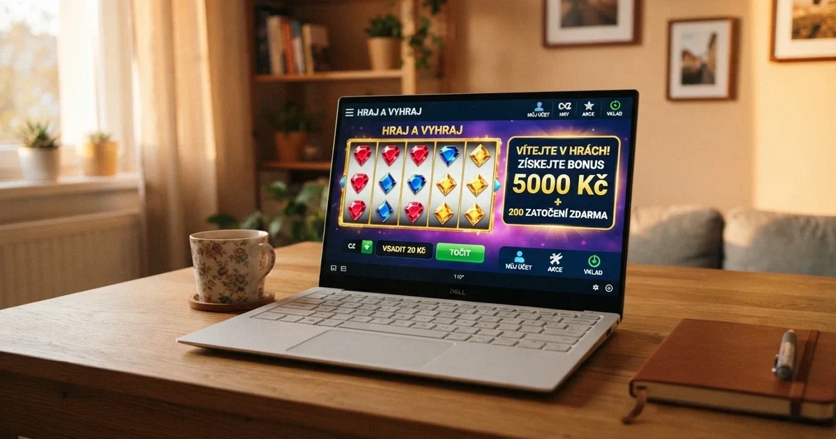 Rozhraní online casina s českou lokalizací a zvýrazněnou nabídkou bonusu bez vkladu na displeji notebooku