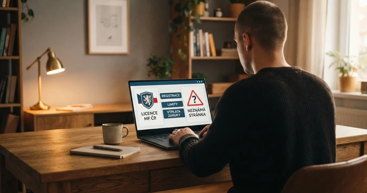 Hráč u notebooku porovnává dvě stránky — vlevo logo s českou vlajkou a nápisem MF ČR, vpravo výstražný symbol s otazníkem; mezi nimi klíčové rozdíly: RVO, limity, garance výplaty