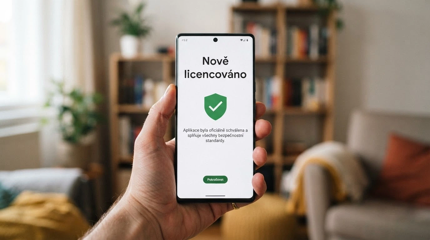 Logo nového online casina s nápisem „nově licencováno“ na displeji smartphonu