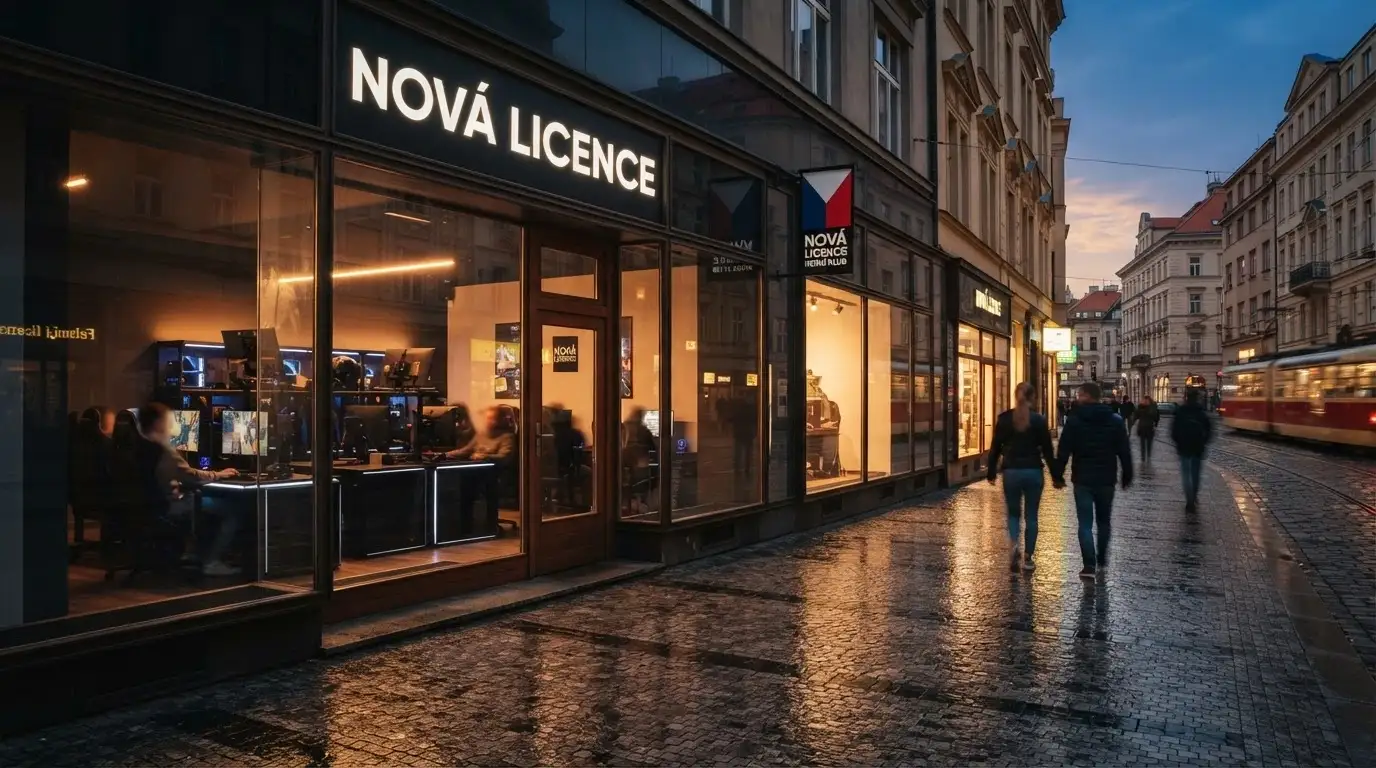 Výloha nově otevřeného online casina s nápisem „nová licence“ na pozadí české vlajky