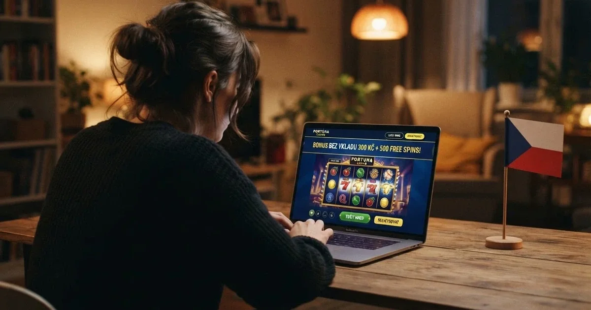 Hráč u notebooku, na obrazovce online casino s nápisem „Bonus bez vkladu“, v pozadí česká vlajka