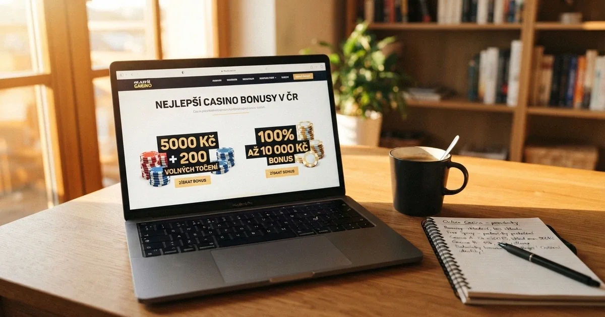 Notebok s otevřenou stránkou českého online kasina a zvýrazněnou nabídkou bonusu bez vkladu