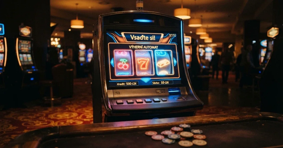 Hrací automat s neonovými symboly a nápisem „bonus zdarma bez vkladu“