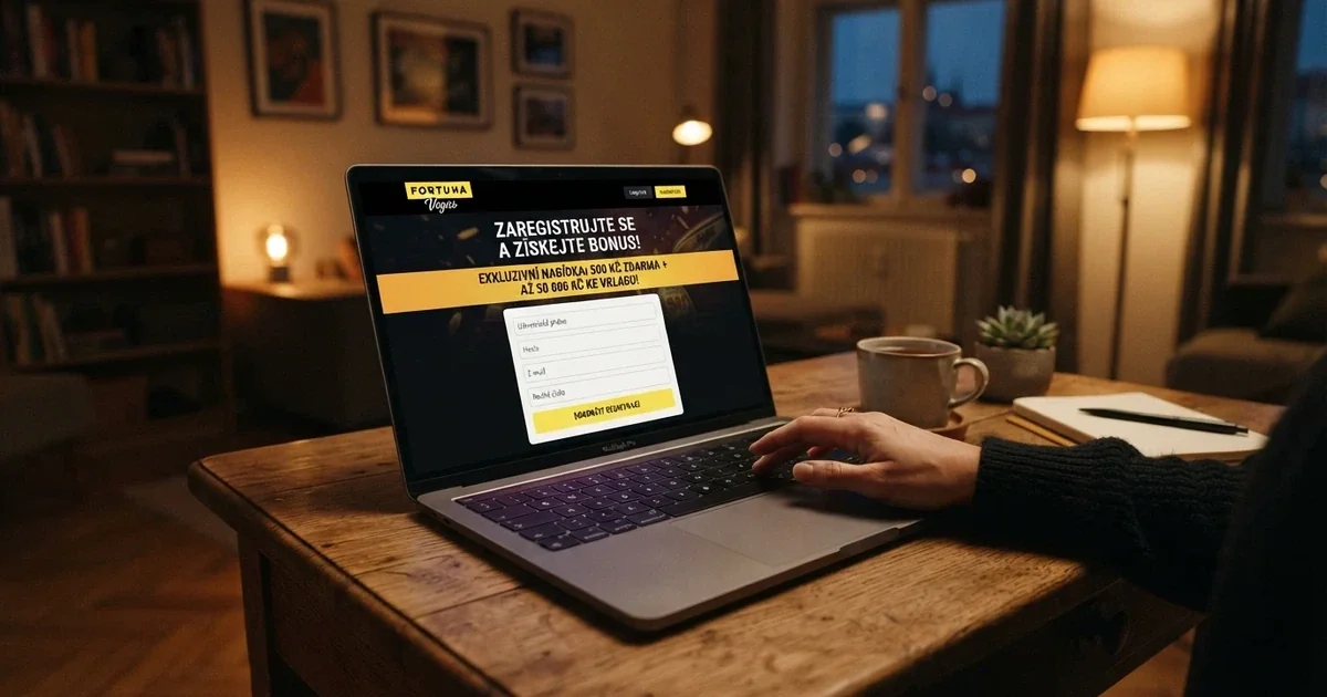 Úvodní stránka českého online casina s nabídkou bonusu bez vkladu, registrační formulář a zvýrazněná hodnota bonusu