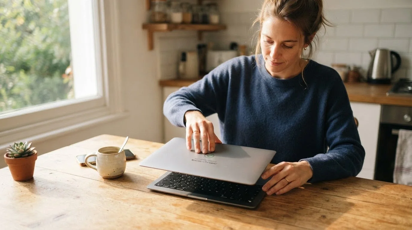 Hráč zavírá notebook s klidným výrazem — symbol bezpečné hry v regulovaném prostředí