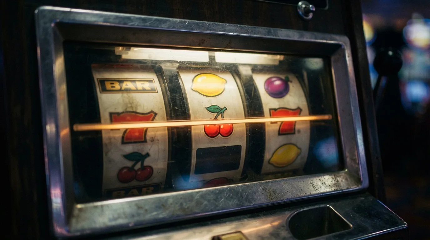Detailní pohled na válce klasického automatu s třešněmi, citrony a symbolem BAR