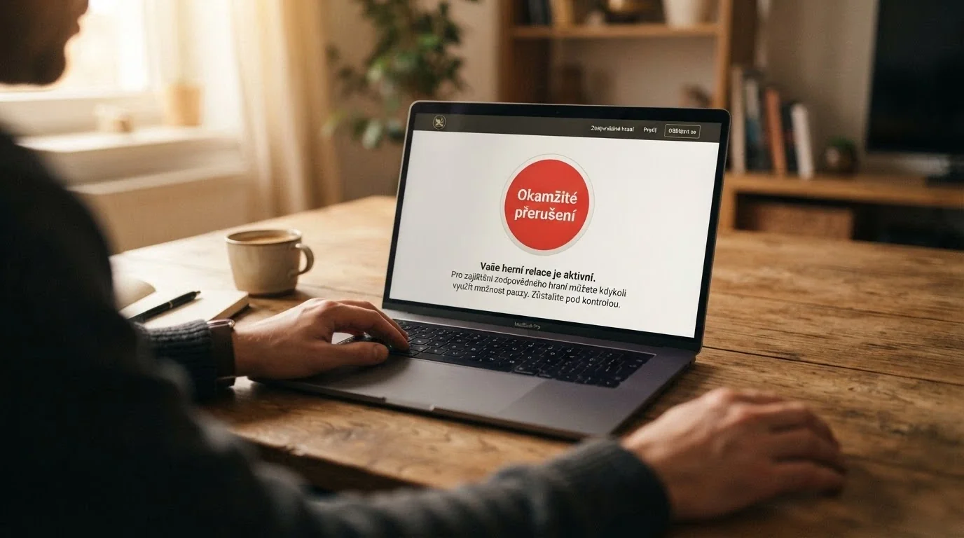Tlačítko panic button na webu kasina — výrazné červené tlačítko s nápisem Okamžité přerušení hry na 48 hodin