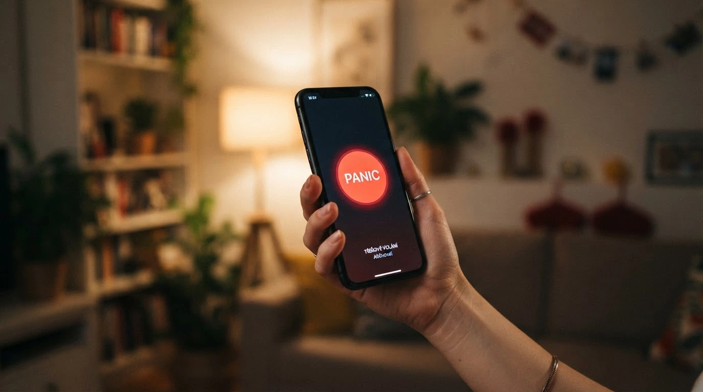 Červené tlačítko s nápisem PANIC na obrazovce, vedle něj telefon s číslem linky pomoci