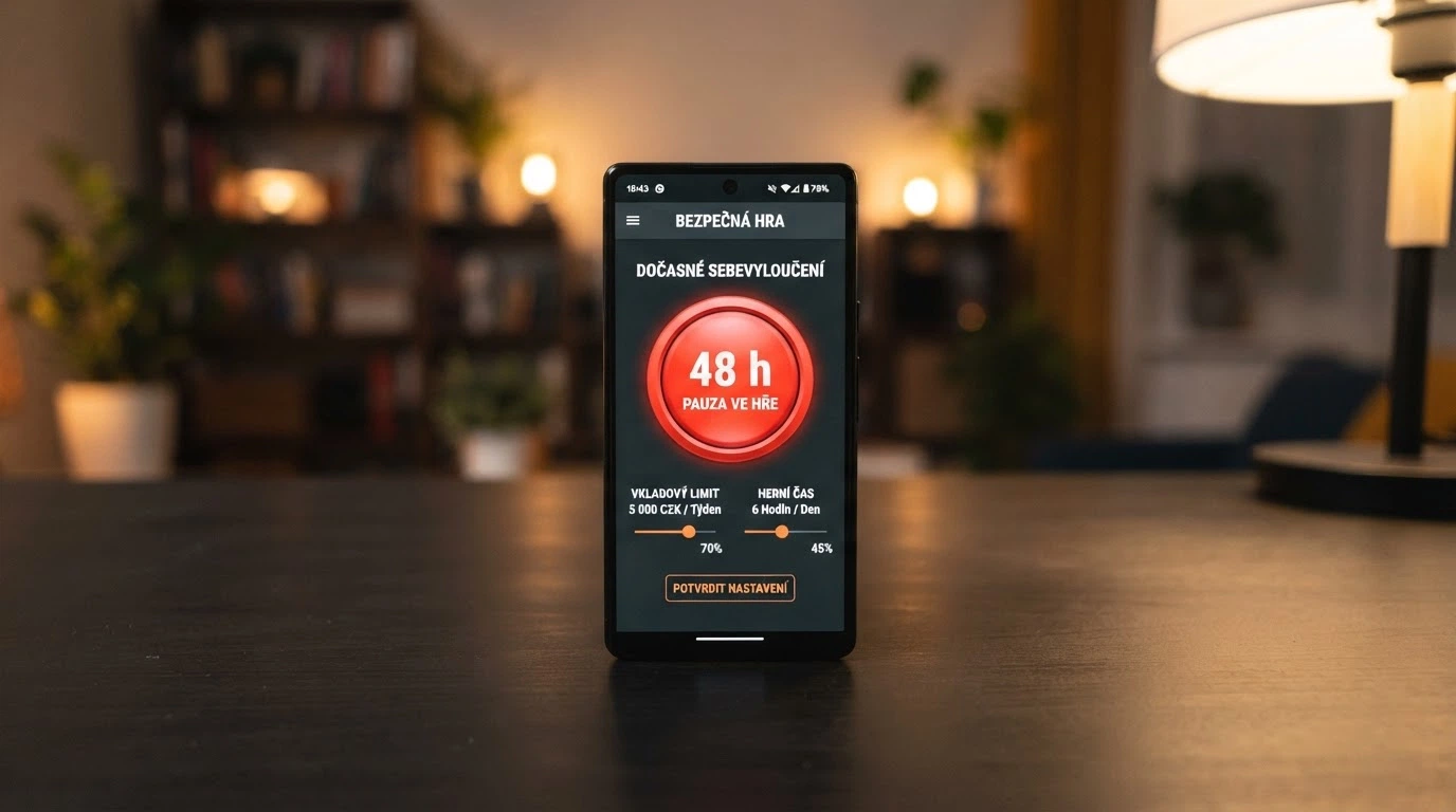 Obrazovka mobilního telefonu s výrazným červeným tlačítkem „48 h“ a vedle něj posuvníky pro nastavení limitu vkladů a herní doby.