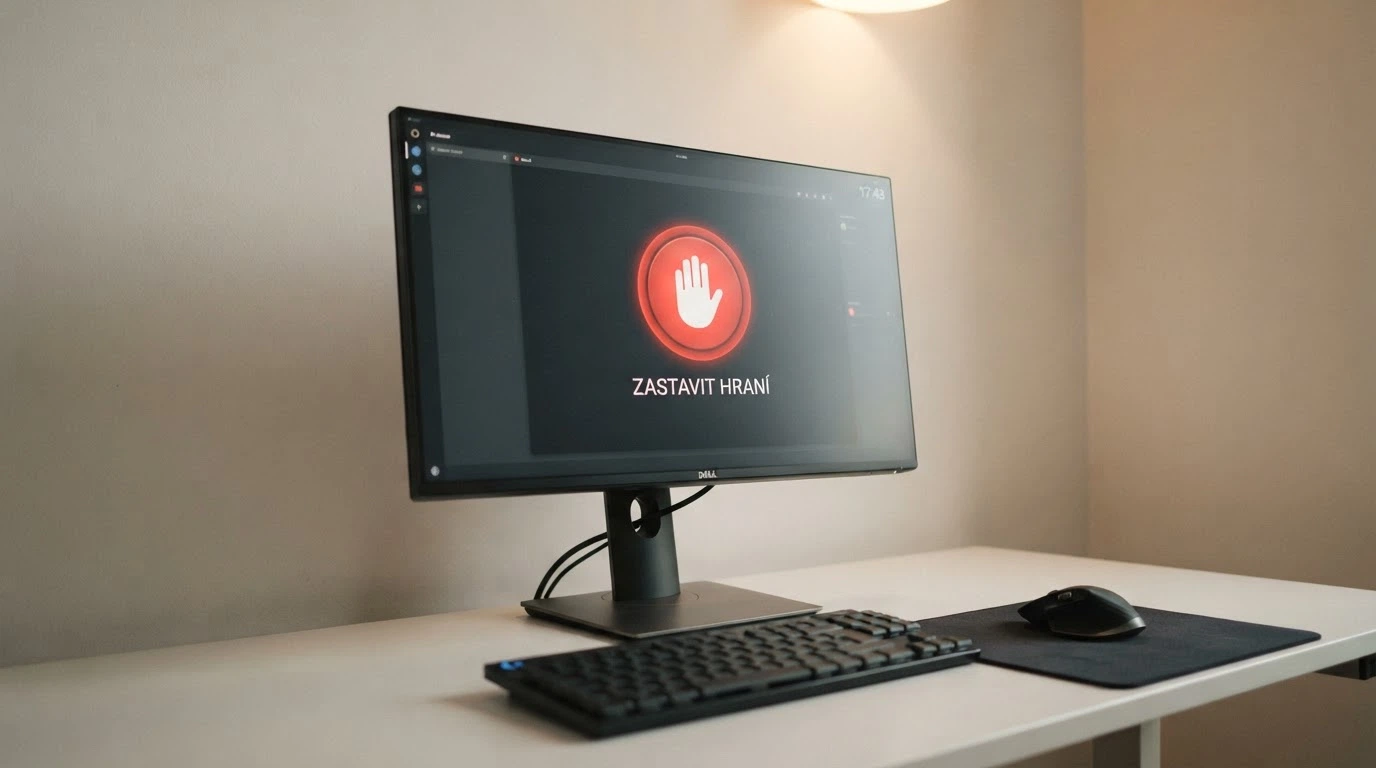 Tlačítko Panic button na obrazovce počítače se symbolem zodpovědného hraní