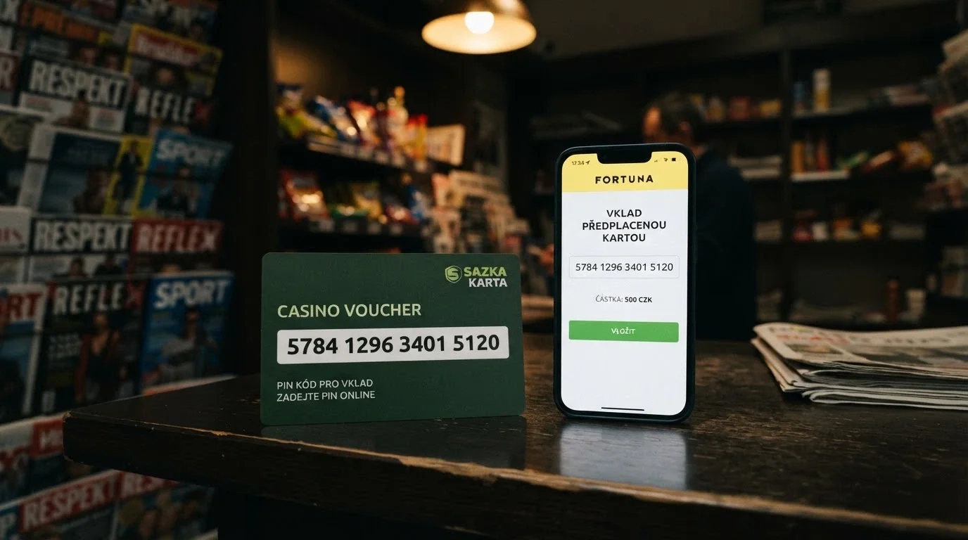 Paysafecard kupón s 16místným PIN kódem vedle mobilního telefonu s otevřeným kasinem