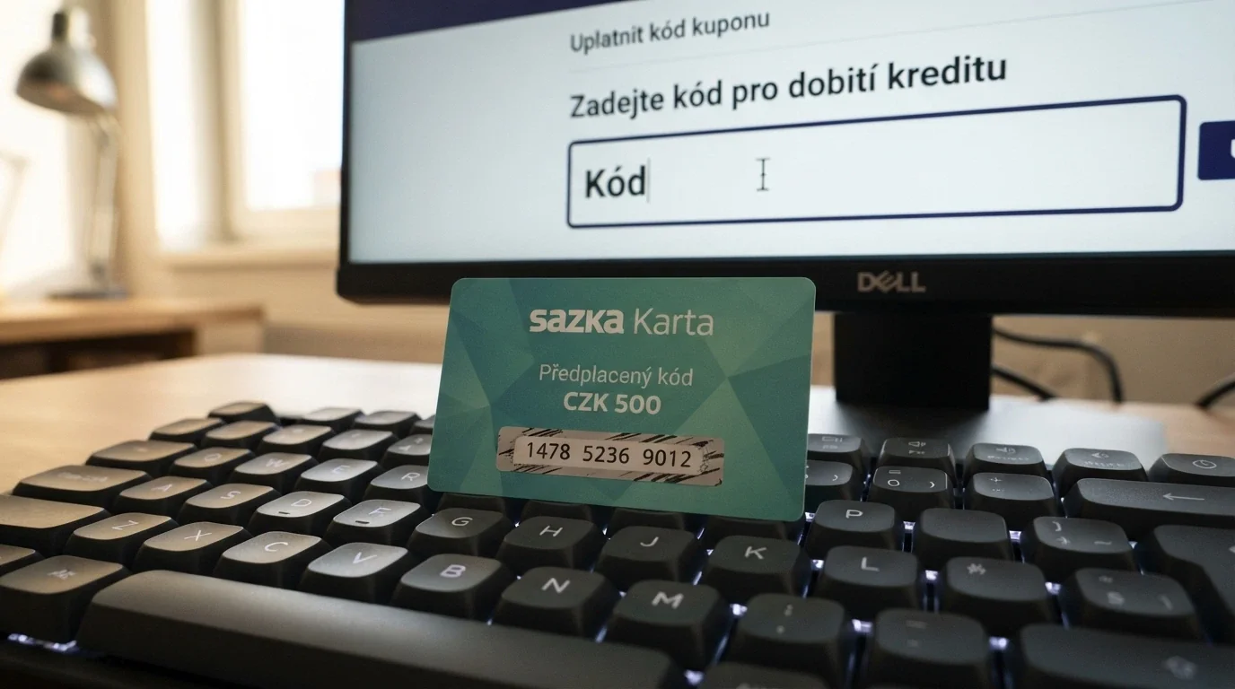 Platový Paysafecard kupon v hodnotě 200 Kč položený na klávesnici, na monitoru pole pro zadání kódu