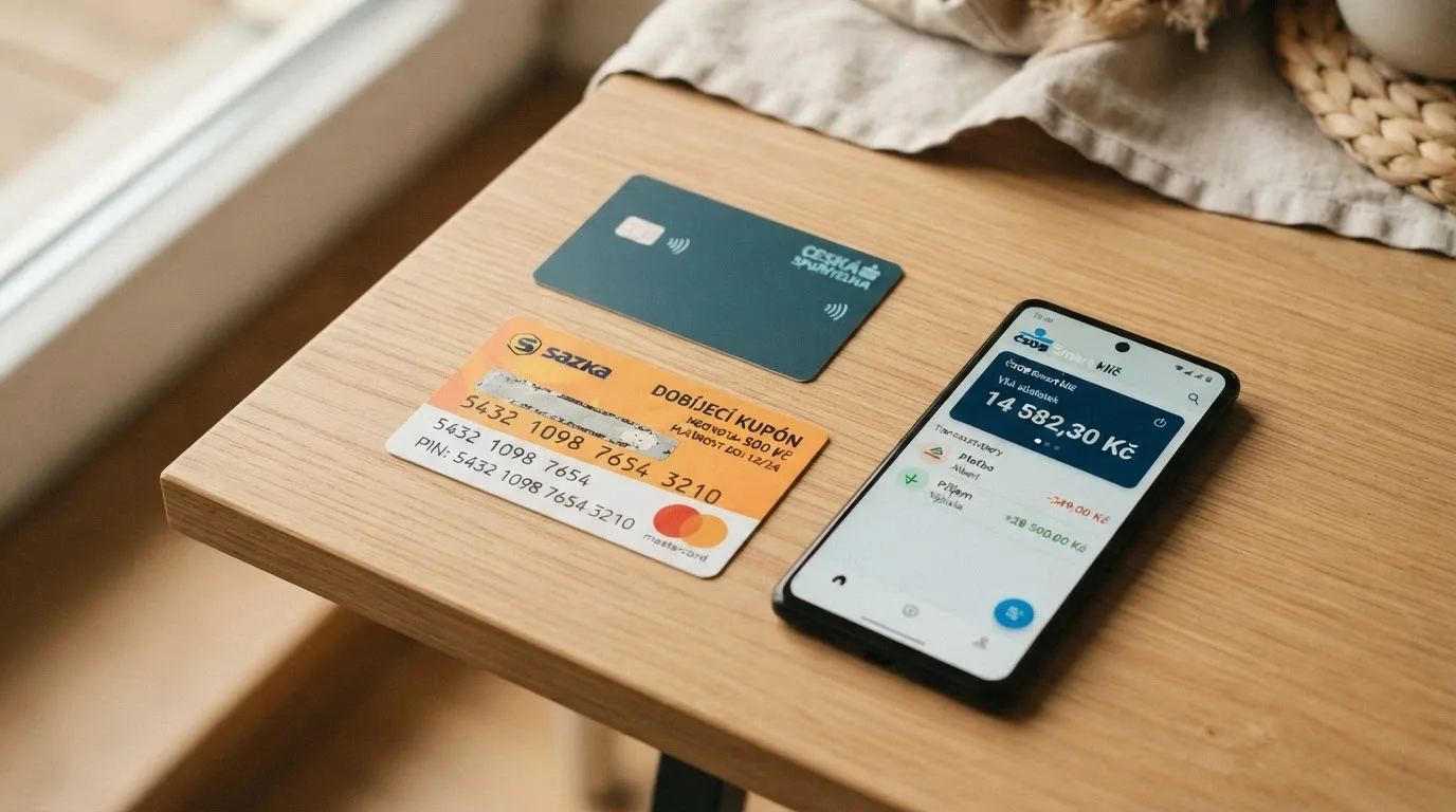 Platební karta, voucher Paysafecard s 16místným PIN a mobilní telefon s aplikací banky na stole