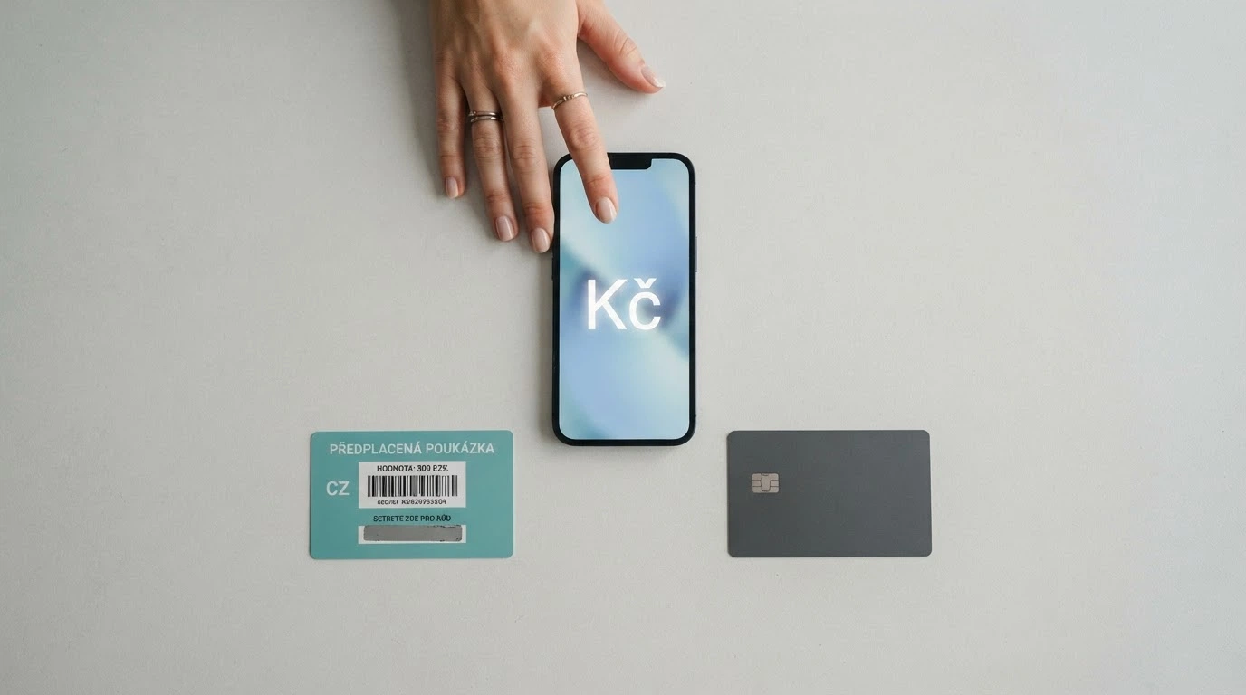 Výběr platebních metod — Paysafecard voucher, ikony e-peněženek, karta a mobil s bankovní aplikací