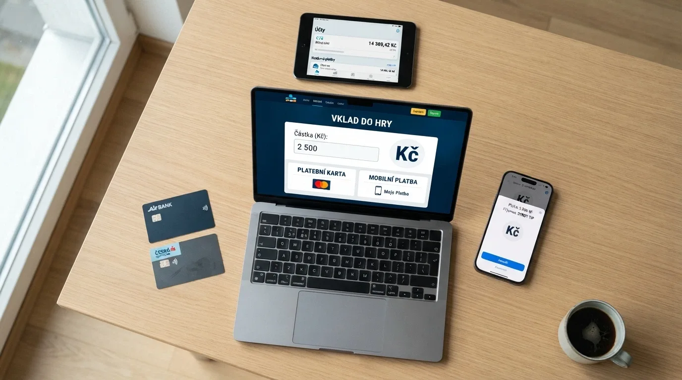 Rozložení platebních karet, mobilního telefonu s ikonou AirCash a bankovní aplikace na stole vedle notebooku s otevřenou pokladnou casina
