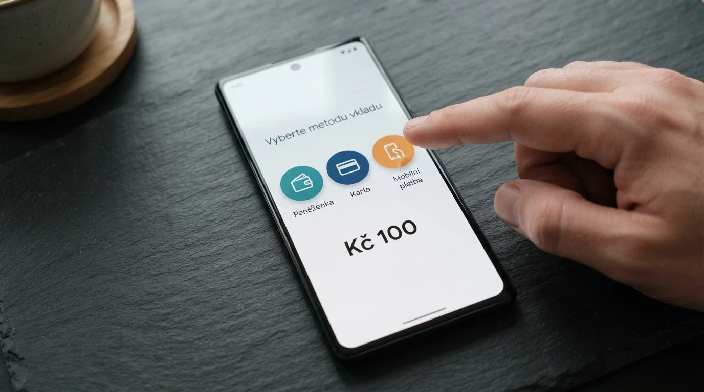 Mobilní telefon s otevřenou platební bránou, na výběr ikony Google Pay, Skrill a AirCash, displej ukazuje částku 100 Kč