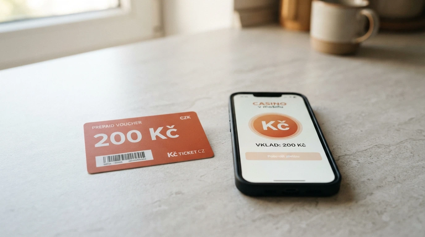 Paysafecard kupon v hodnotě 200 Kč položený vedle chytrého telefonu s otevřenou stránkou casina