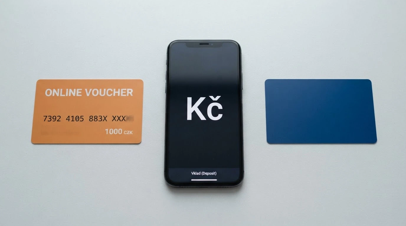 Paysafecard kupon, mobilní telefon s potvrzovací SMS a platební karta vedle sebe