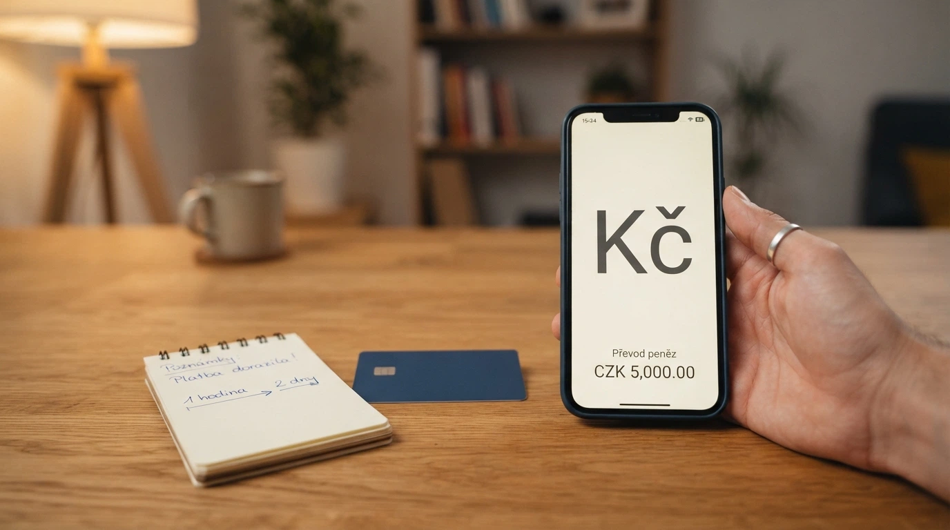 dlaň s platební kartou, mobilem a bankovním převodem vedle časové osy výběru