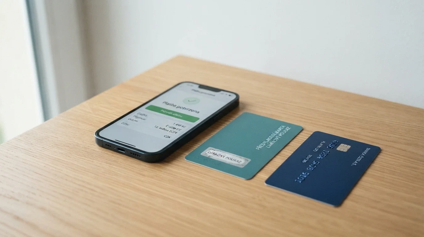 Platební karta, telefon s aplikací Aircash a Paysafecard PIN poukázka vedle sebe na stole