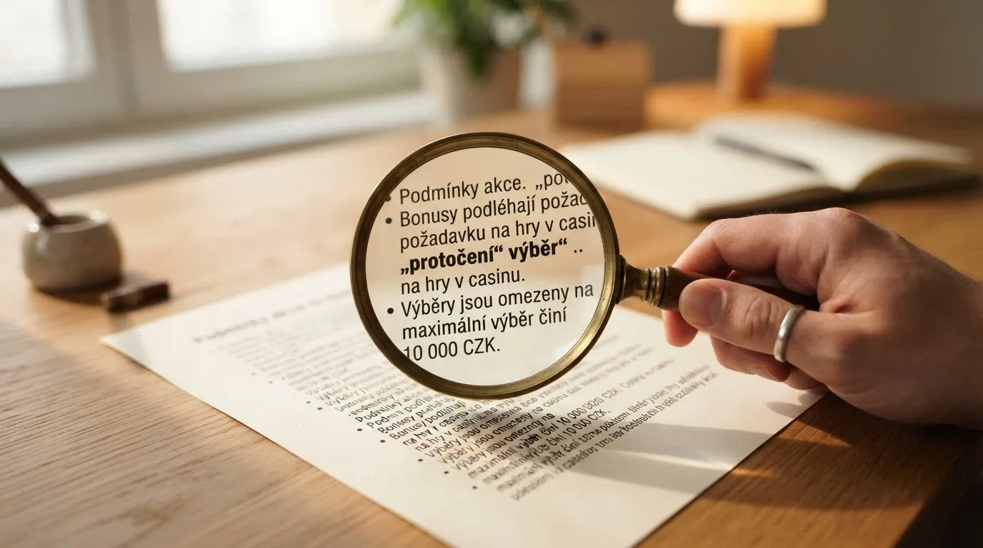 Lupa nad textem podmínek casino bonusu se zvýrazněnými výrazy „protočení“ a „maximální výběr“