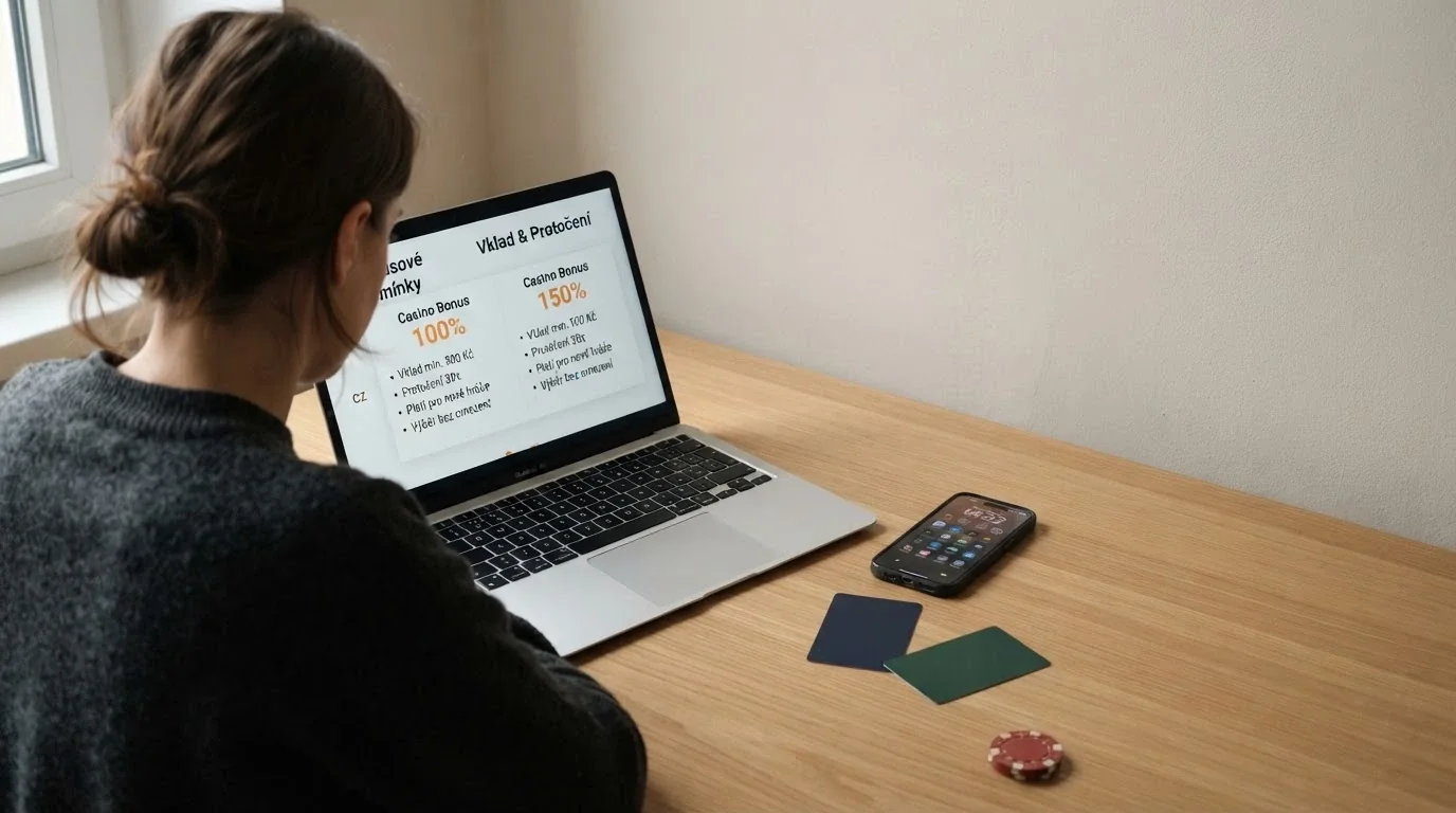 Hráč u notebooku porovnávající podmínky bonusů na obrazovce — vedle položený občanský průkaz a platební karta