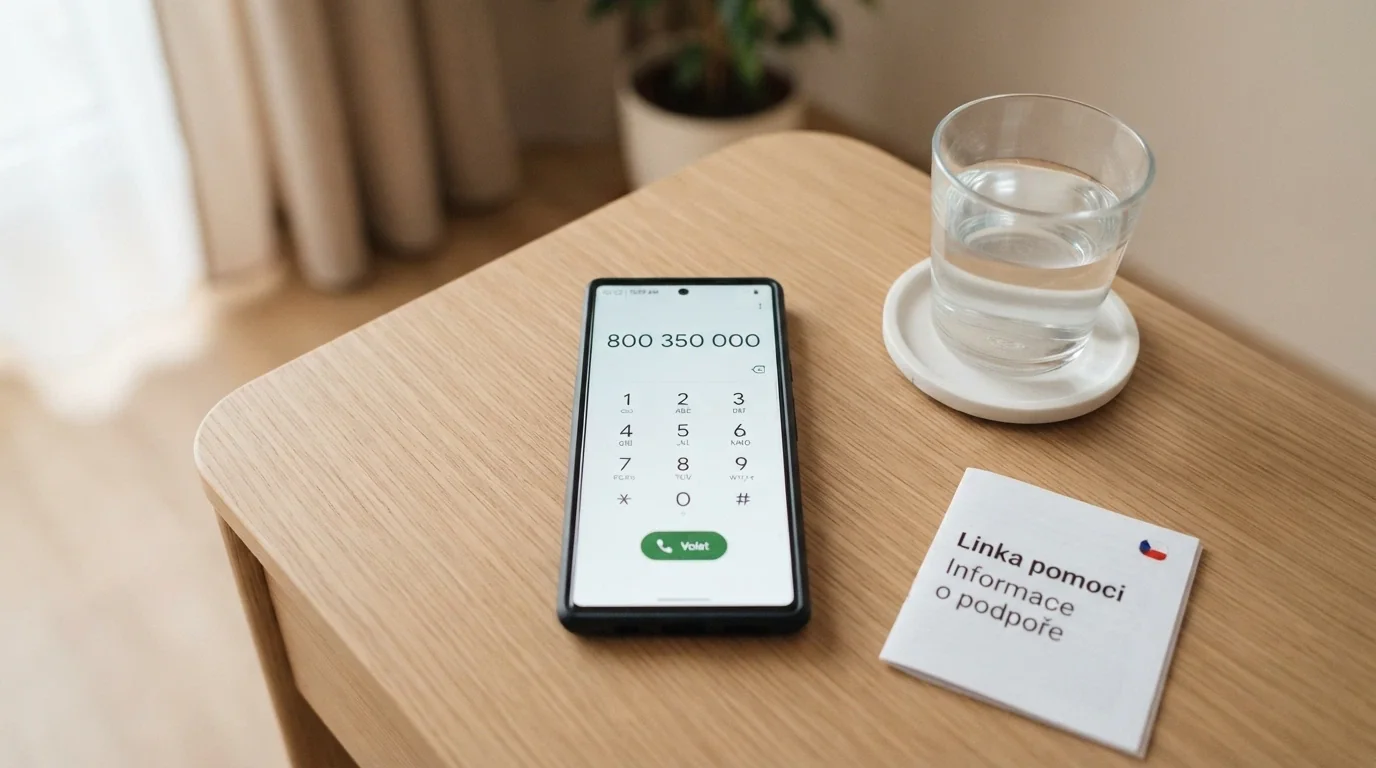 Telefon s vytočeným číslem linky pomoci (800 350 000) na displeji, v pozadí logo Národní linky pro odvykání hraní