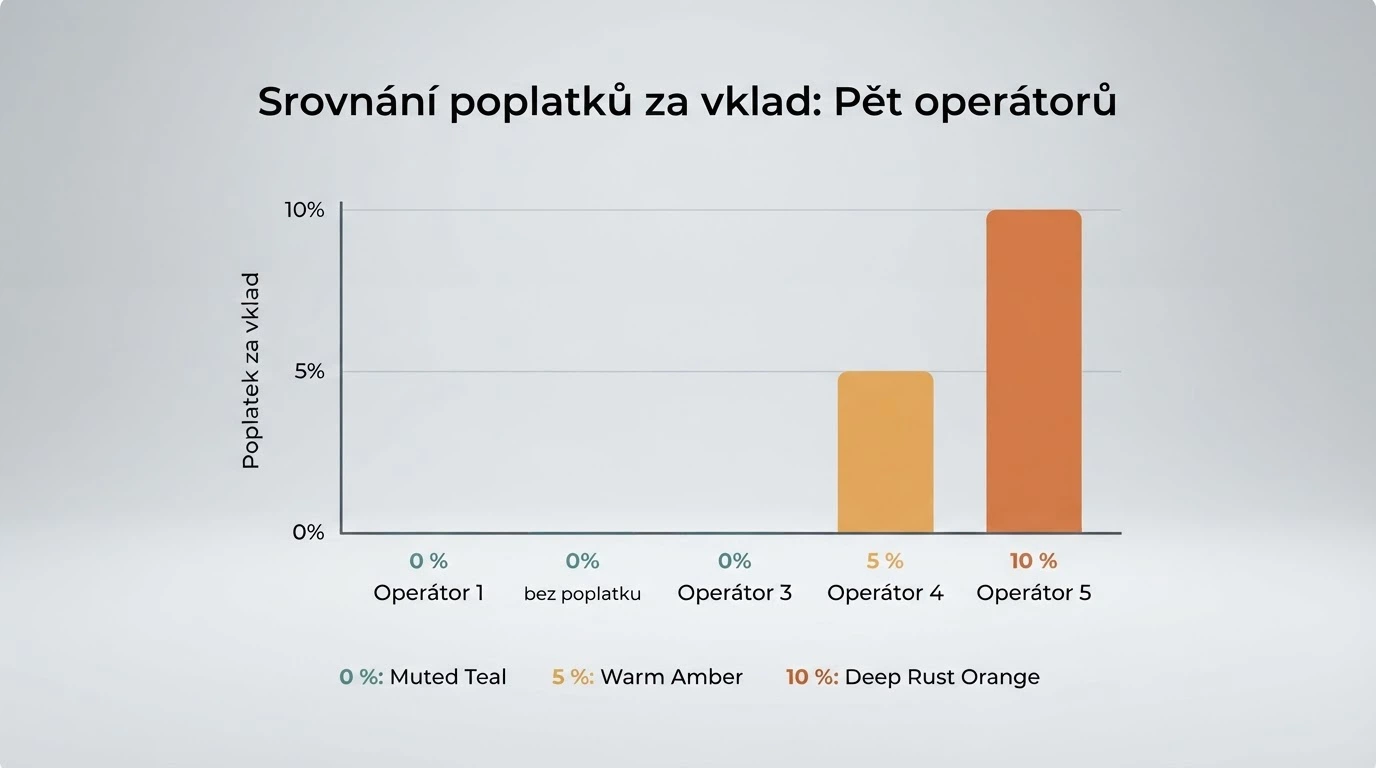 grafické srovnání poplatků za vklad přes Paysafecard u pěti operátorů — sloupce 0 %, 5 % a 10 %