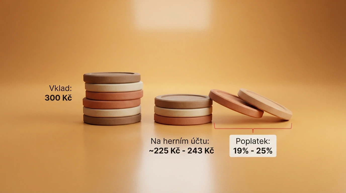 Grafické znázornění — z vkladu 300 Kč odpadá 19–25 % na poplatcích, na herní konto dorazí podstatně méně