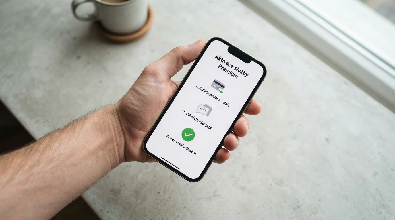 Tříkroková sekvence — aktivace prémiové SMS v mobilu, odeslání kódu, potvrzení vkladu na herním kontě