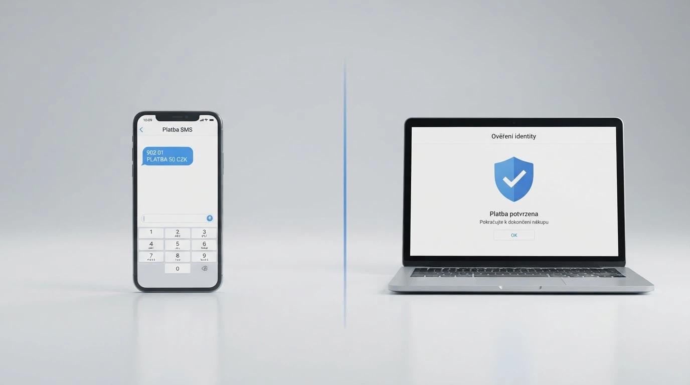 Schéma dvou cest SMS vkladu — vlevo mobil s odchozí SMS na číslo operátora, vpravo obrazovka s logem NeteraPay a ověřením identity