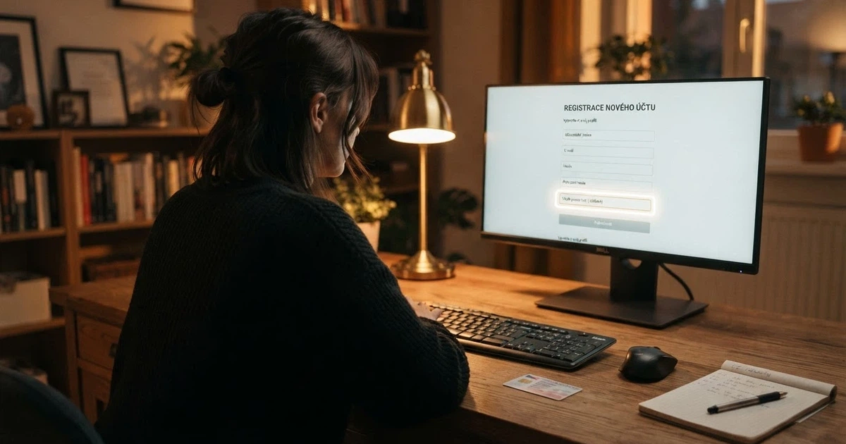 Úvodní ilustrace: hráč u monitoru prohlíží registrační formulář online casina s polem pro promo kód, vedle něj leží občanský průkaz připravený k ověření totožnosti