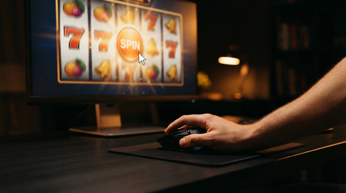 Detail rulety nebo automatu při prvním zatočení z registračního bonusu, ruka na myši