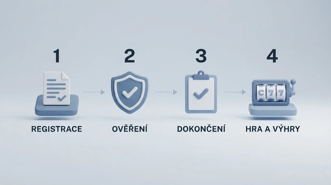 Posloupnost čtyř kroků: ikona formuláře → logo Bank ID → potvrzovací fajfka → ikona rulety. Každý krok označen číslem a krátkým popiskem.