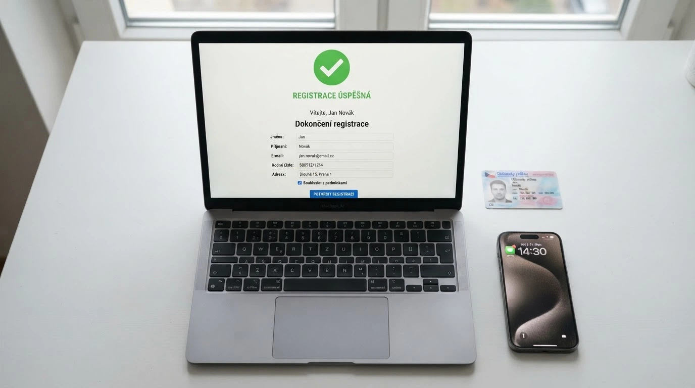 Obrazovka notebooku s registračním formulářem českého online casina, vedle logo BankID a občanský průkaz