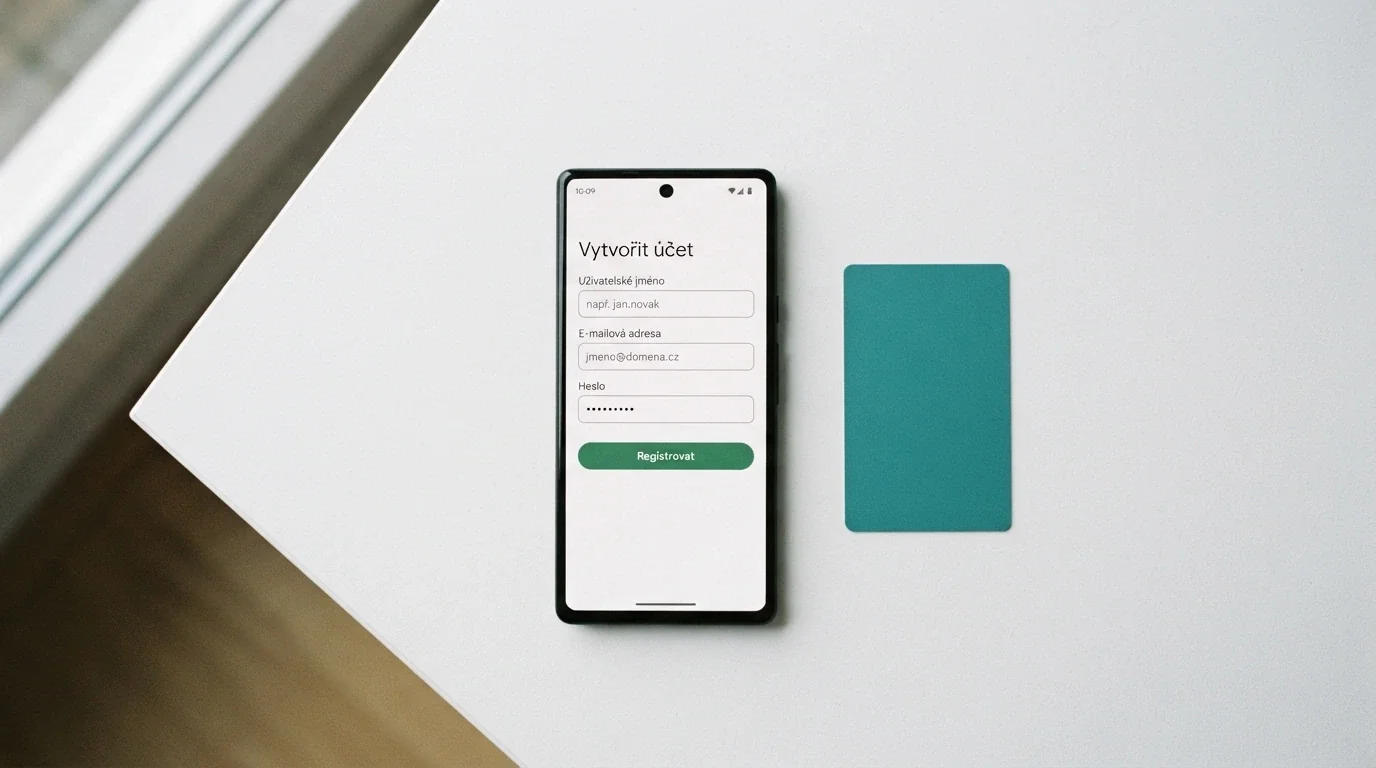 Obrazovka s registračním formulářem českého online casina a mobilem s Bank ID