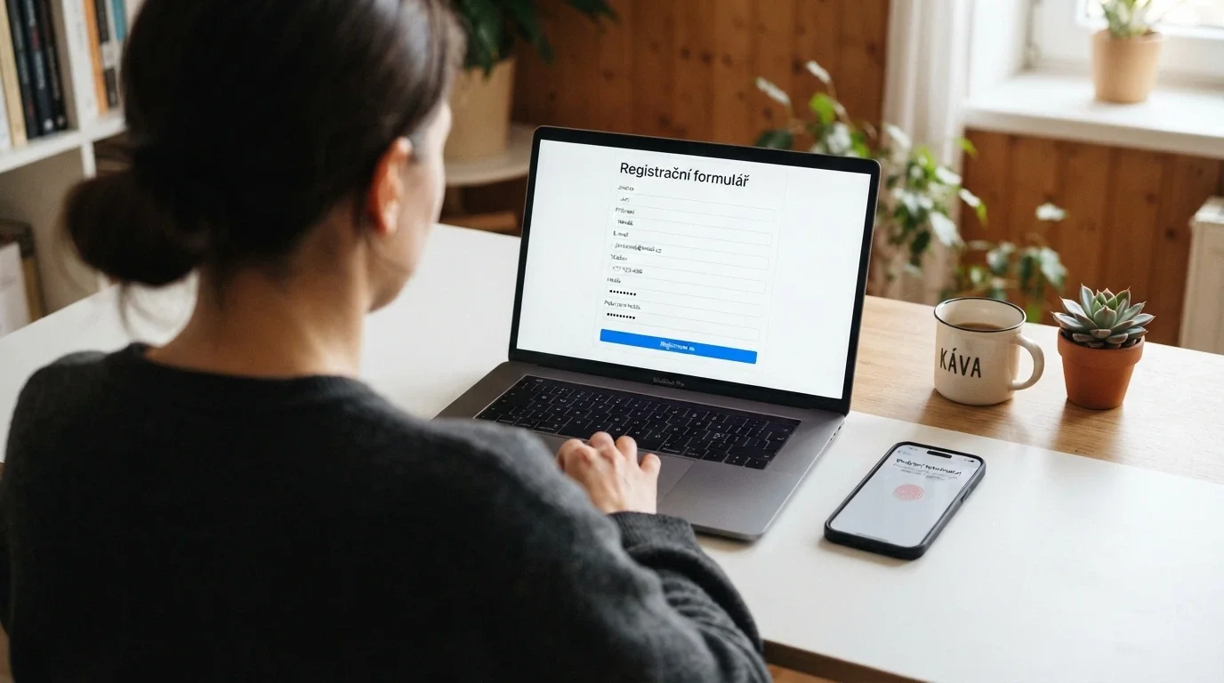 Obrazovka s registračním formulářem českého online casina a mobilem s aplikací Bank ID