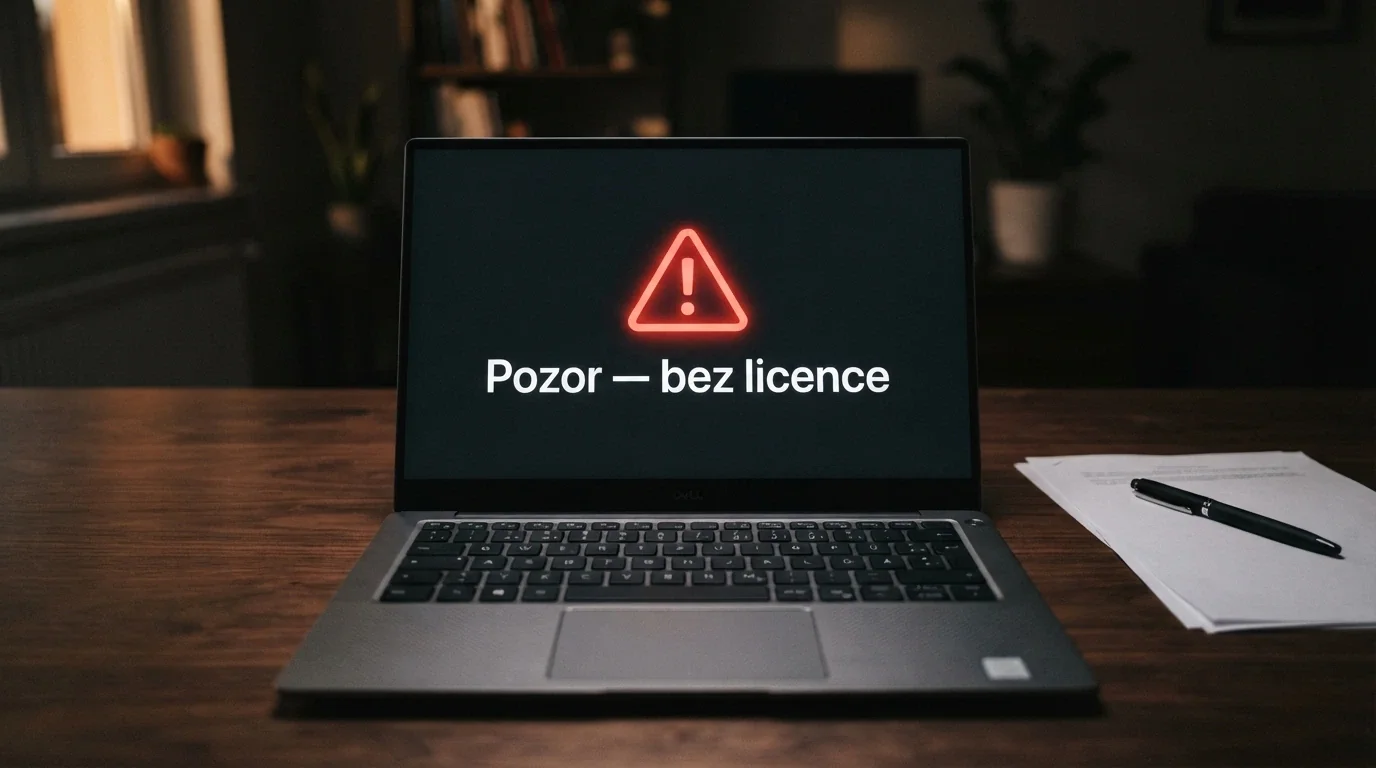Výstražný symbol na obrazovce notebooku s textem v češtině upozorňujícím na absenci licence MF ČR