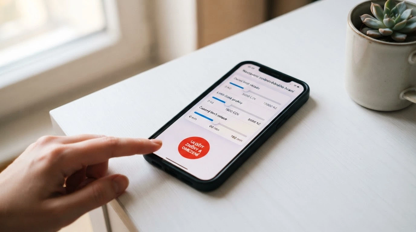 Obrazovka mobilního kasina se sekcí nastavení limitů — posuvníky pro vklad, prohru a čas, výrazné červené tlačítko panic button