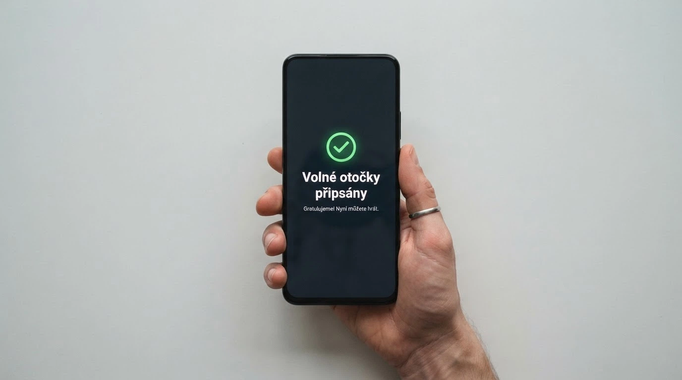 Hráč s mobilem v ruce, na displeji potvrzení o připsání volných otoček na reálný zůstatek